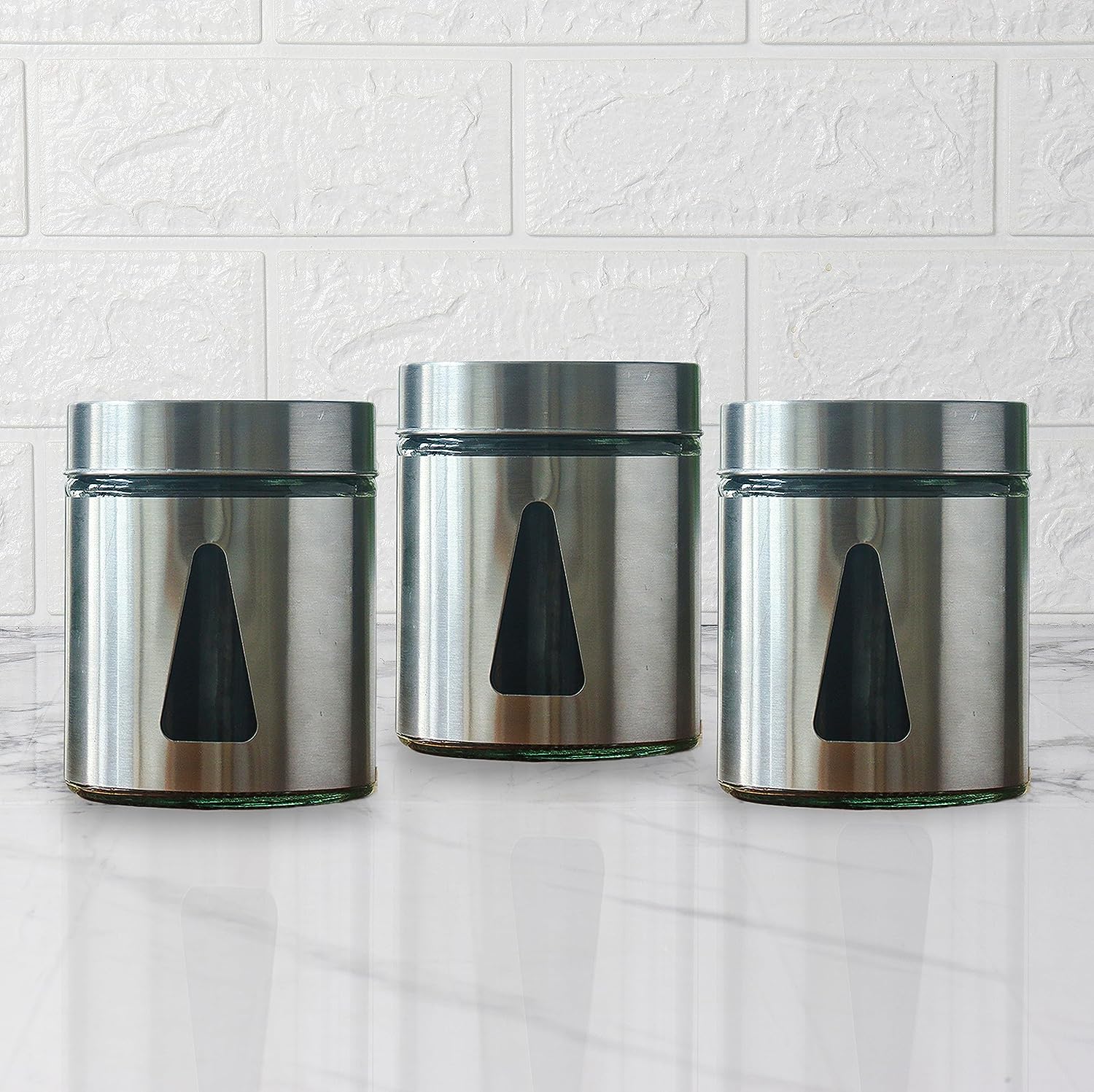 Femora Steel Jar for Kitchen Storage with Triangle Glass Window and Stainless Steel Cover, 1000 ml, Set Of 3, Free Replacement of Lids