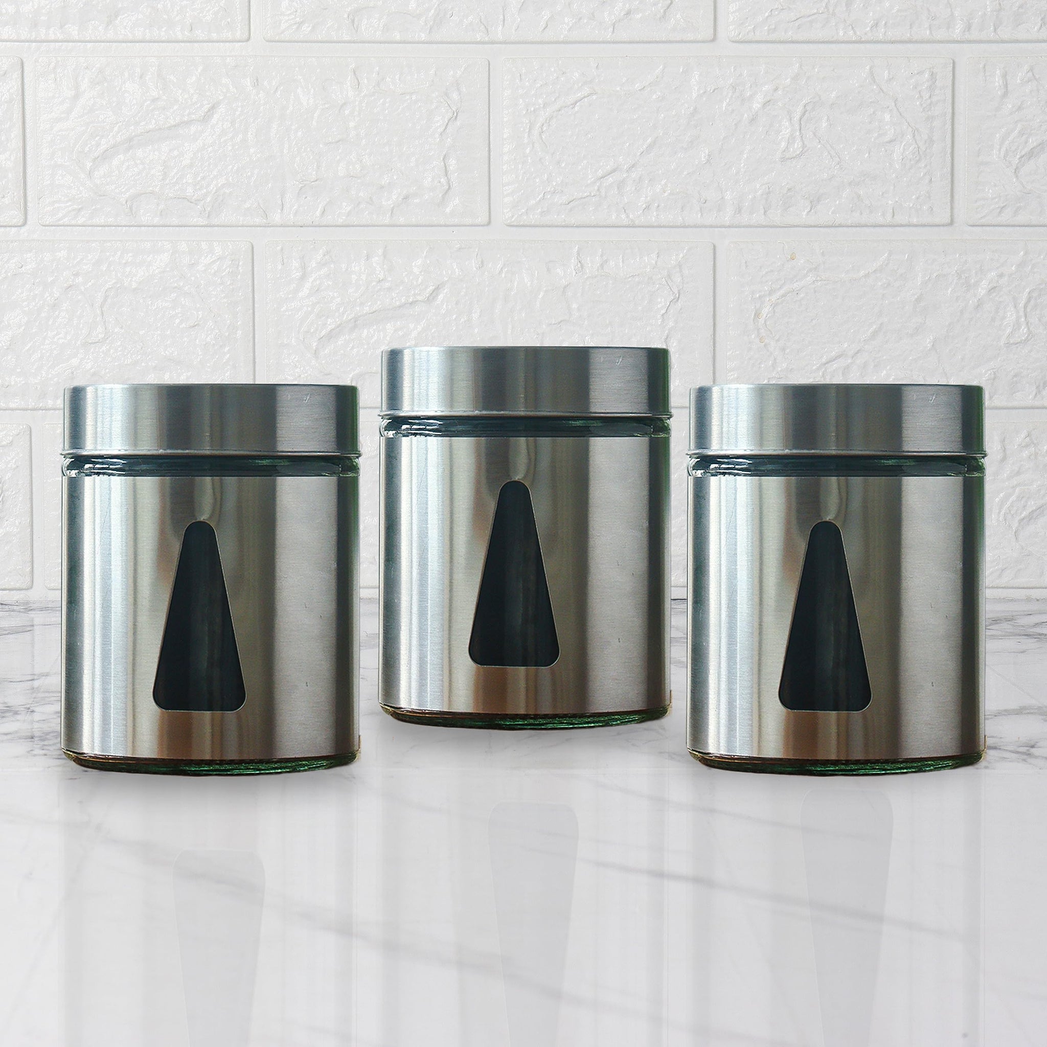 Femora Steel Jar for Kitchen Storage with Triangle Glass Window and Stainless Steel Cover, 1300 ml, Set Of 3, Free Replacement of Lids