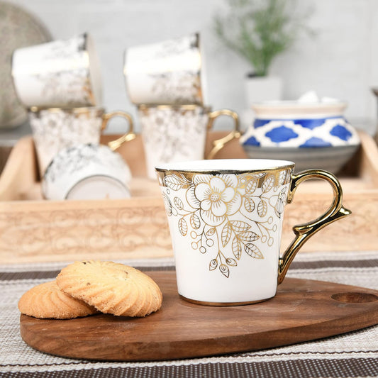 Premium Ceramic Gold Floral Buds Leaves Coffee & Tea Cup Set of 6, 160 ML, Femora