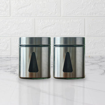 Femora Steel Jar for Kitchen Storage with Triangle Glass Window and Stainless Steel Cover, 700 ml, Set Of 2, Free Replacement of Lids