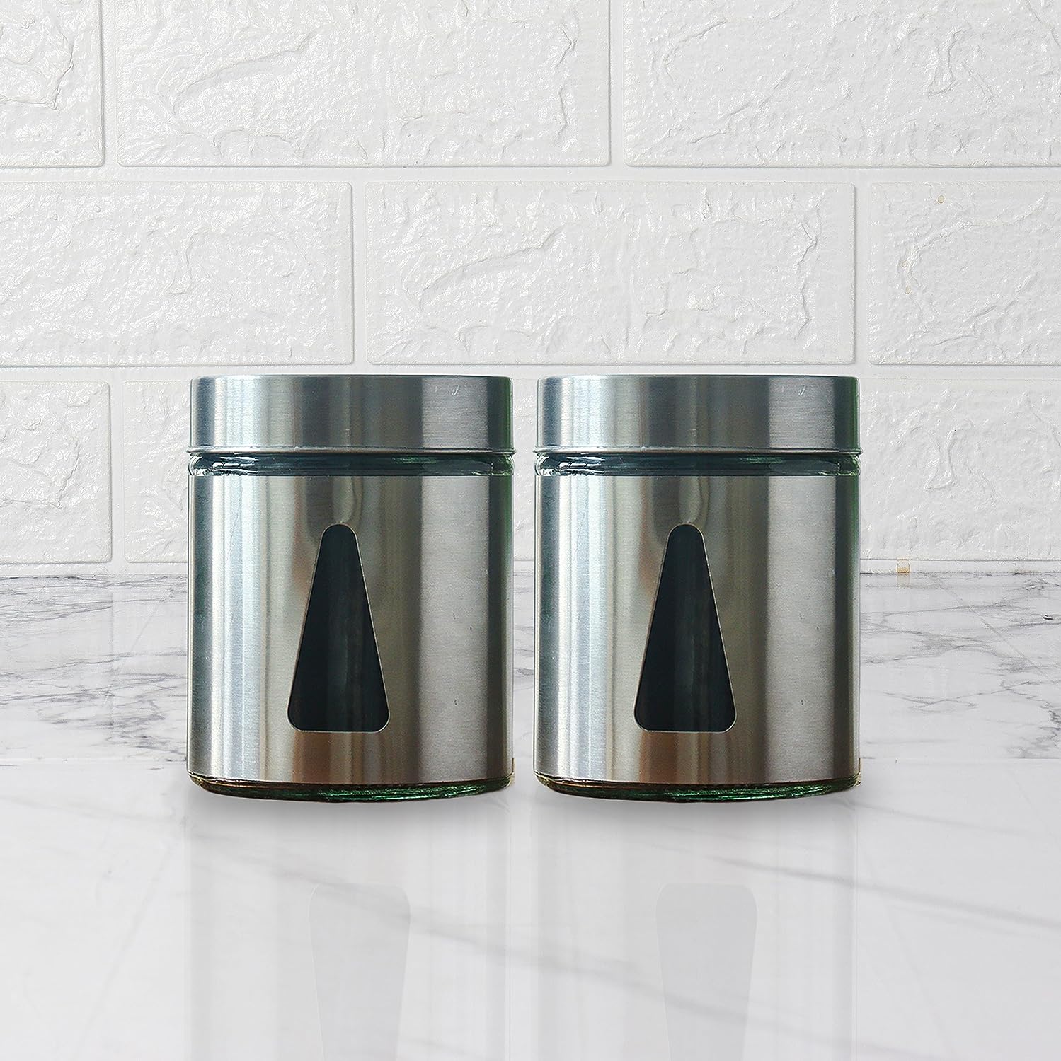 Femora Steel Jar for Kitchen Storage with Triangle Glass Window and Stainless Steel Cover, 1300 ml, Set Of 2, Free Replacement of Lids