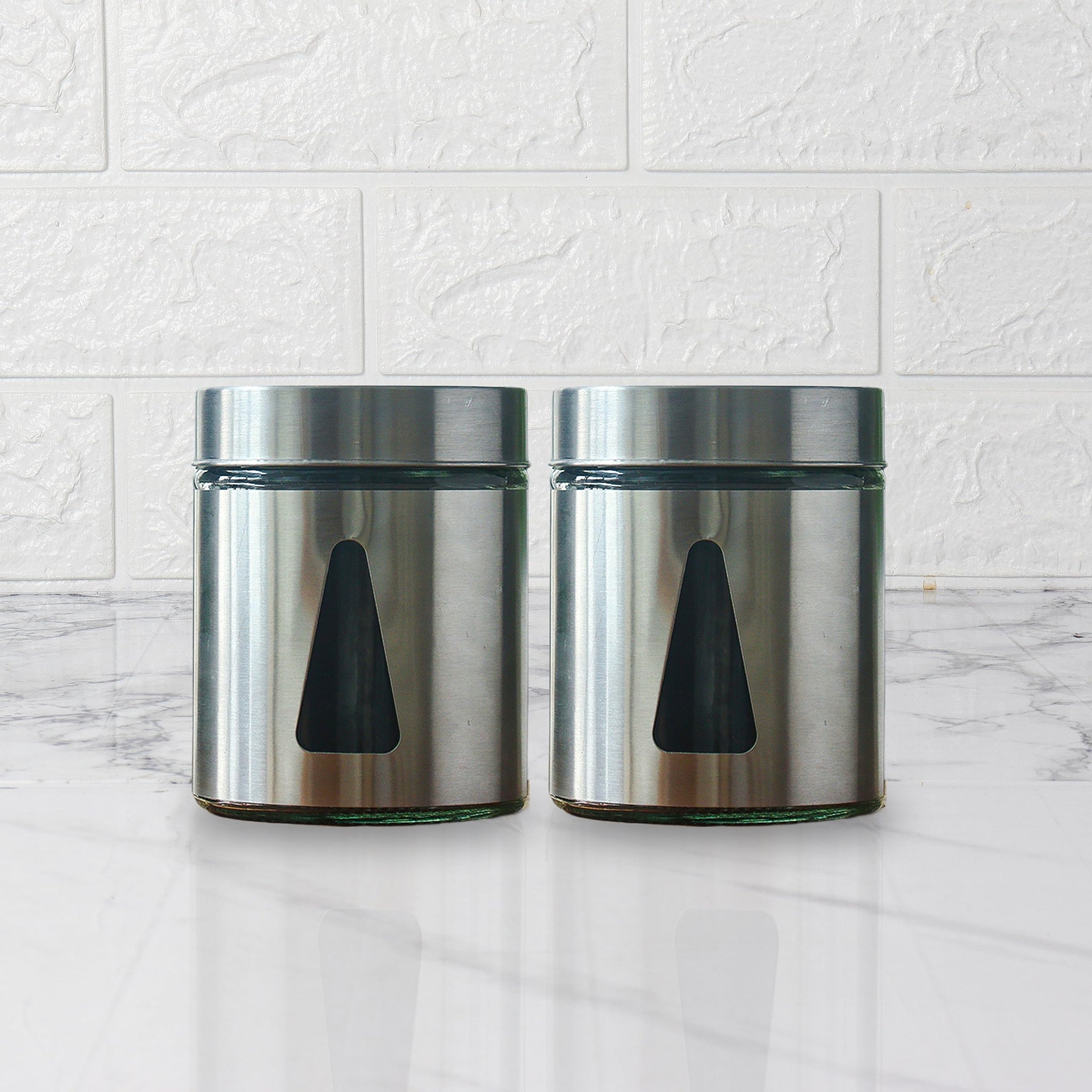 Femora Steel Jar for Kitchen Storage with Triangle Glass Window and Stainless Steel Cover, 1000 ml, Set Of 2, Free Replacement of Lids