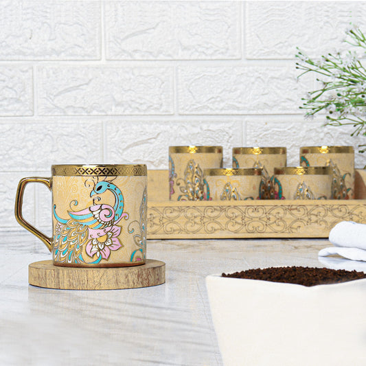 Premium Ceramic Peacock Heaven Gold Tea Cup Set of 6, 160 ML, Femora