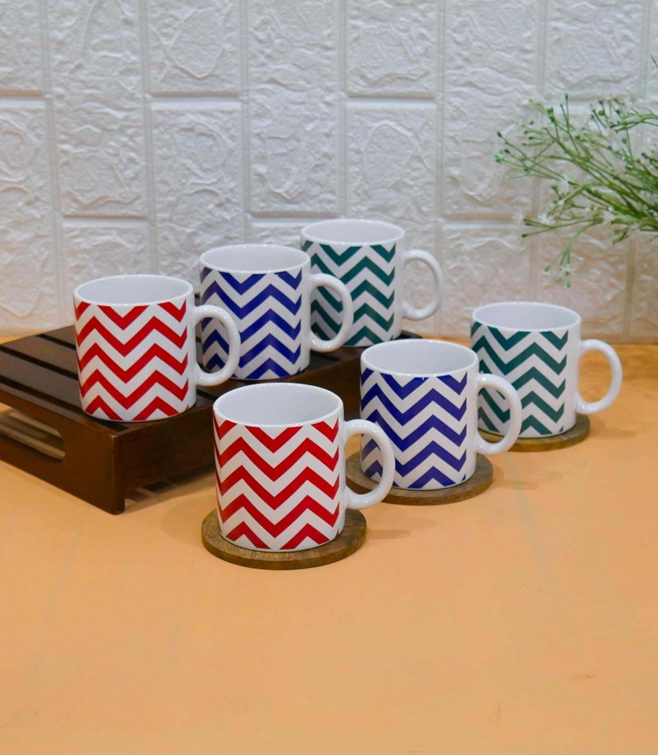 Handcrafted Zig Zag Design Ceramic Coffee & Tea Cup 180 ML, Set of 6, Multicolor