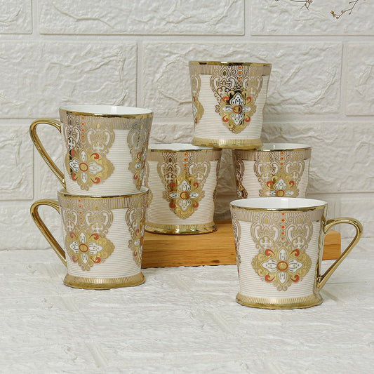 Premium Ceramic Gold Red Floral Print Coffee & Tea Cup Set of 6, 180 ML, Femora