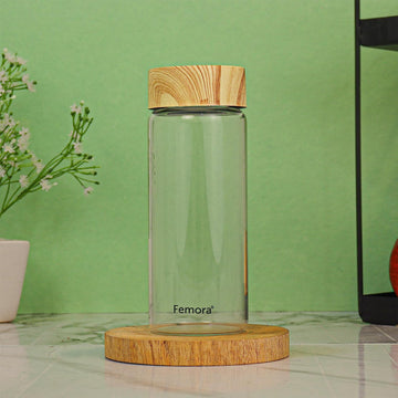 Femora Borosilicate Glass Water Bottle Durability and Elegance Combined, 500ML(1 Pc Set) (Wooden Lid)