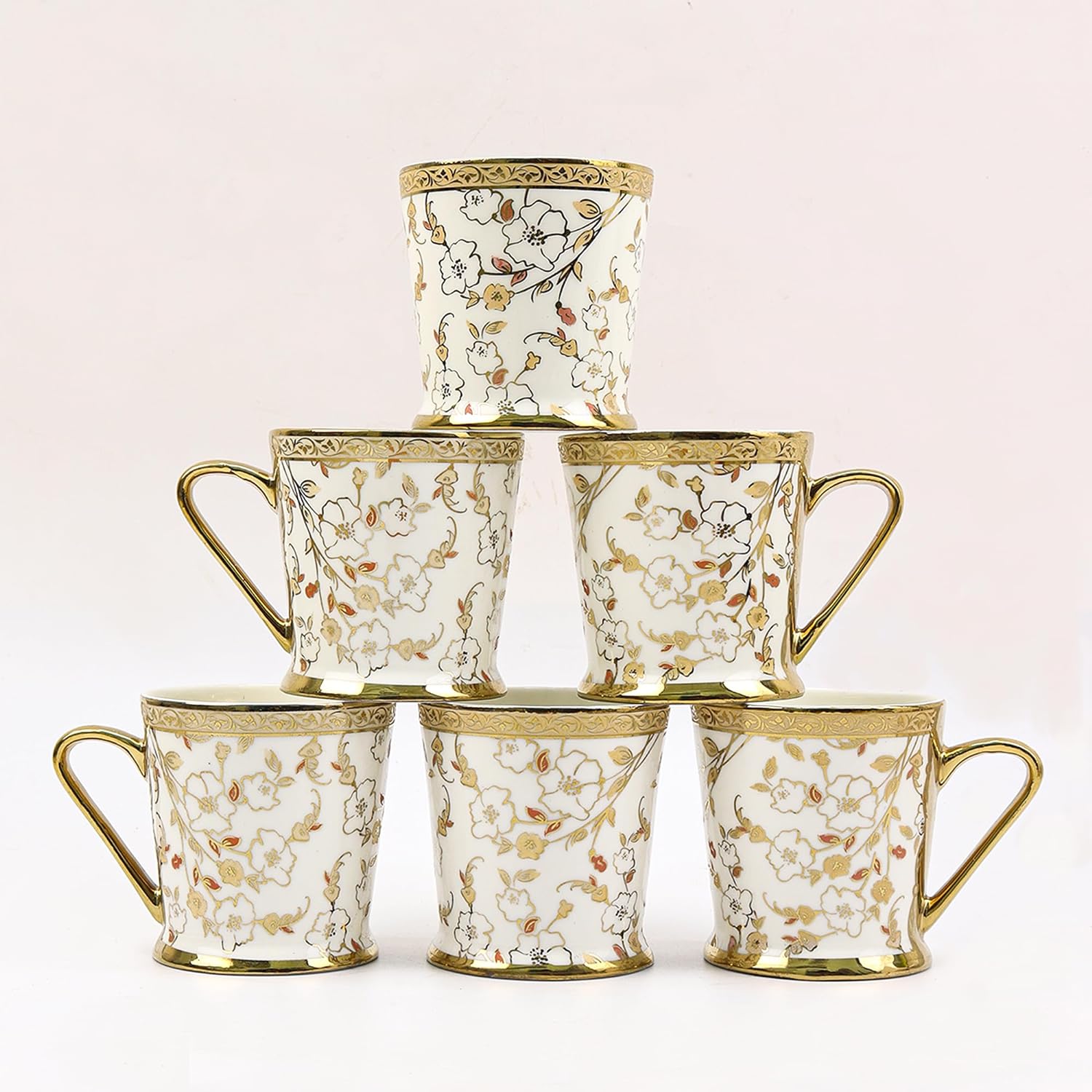 Vintage Floral Gold Tea Mugs, Ceramic Tea Cups, Coffee Mugs (180 ml, Golden) - 6 Pcs Set (NOT Microwave Safe)