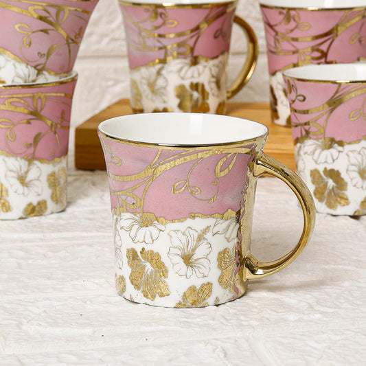 Premium Ceramic Pink Gold Line Flowers Tea Cup Set of 6, 180 ML, Femora