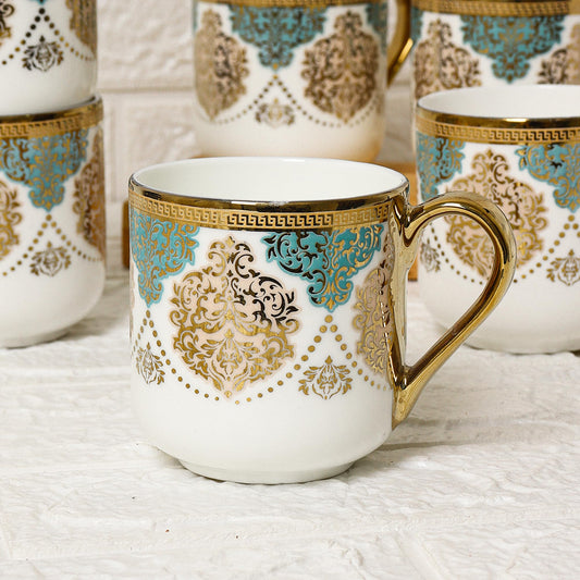 Premium Ceramic Royal Crowned Green Coffee & Tea Cup Set of 6, 180 ML, Femora