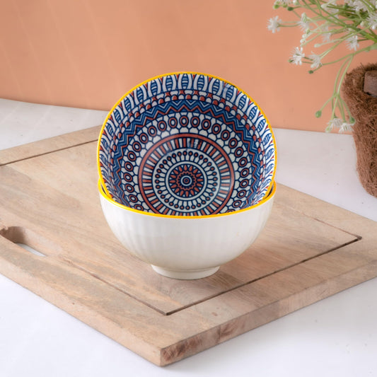 Femora Porcelain Bowl Set of 2 – Microwave & Dishwasher Safe, BPA & Lead-Free Dinner Bowls for Snacks, Rice, Dal, Fruits, Salad | Elegant Serving Bowls, Gift-Pack Ideal for Gifting-Peacock Print