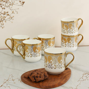 Premium Ceramic Gold Coffee & Tea Cup Set of 6, 180 ML, Femora