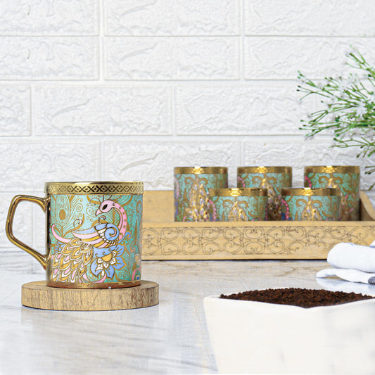 Premium Ceramic Peacock Heaven Green Coffee & Tea Cup Set of 6, 160 ML, Femora