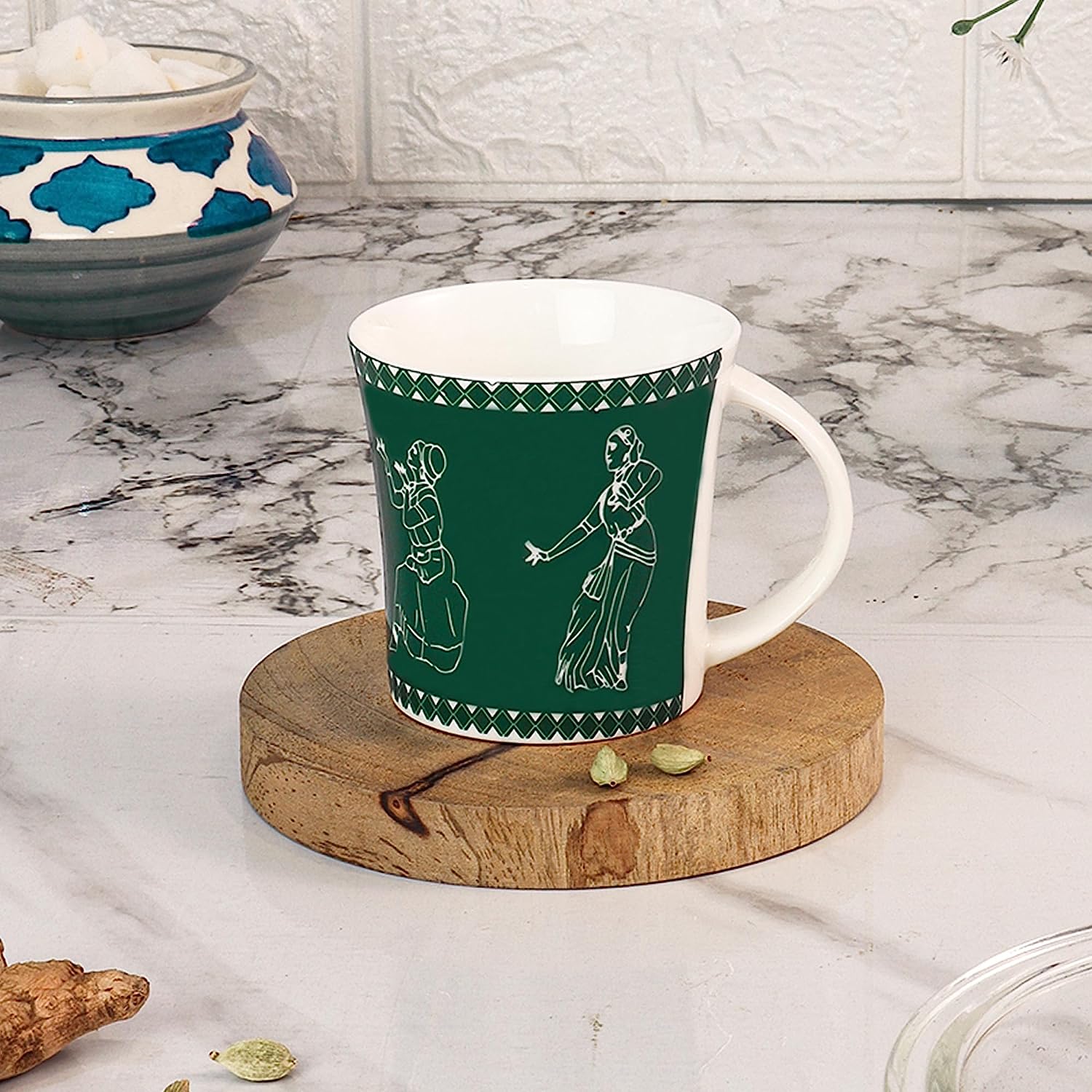 Femora Traditional Dancers Pattern Tea Cups, Ceramic Tea Cups, Coffee Mugs (160 ml) - 6 Pcs Set (Green)