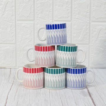 Handcrafted Linear Design Ceramic Coffee & Tea Cup 180 ML, Set of 6, Multicolor