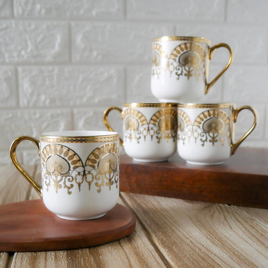 Femora Premium Ceramic Gold Emerald Motif Design Coffee & Tea Cup Set of 4, 180 ML, (NOT Microwave Safe)