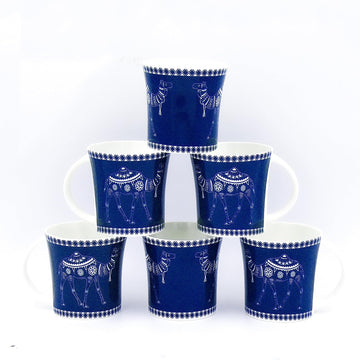 Femora Decorative Camels Pattern Tea Cups, Ceramic Tea Cups, Coffee Mugs (160 ml) - 6 Pcs Set (Blue)
