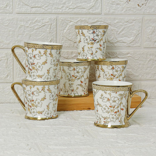 Premium Ceramic Vintage Floral Gold Coffee & Tea Cup Set of 6, 180 ML, Femora
