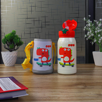 Kids Dinosaur Design Hot & Cold Thermo steel Water Bottle with Bag, 550 ML, 1 Pc, Femora