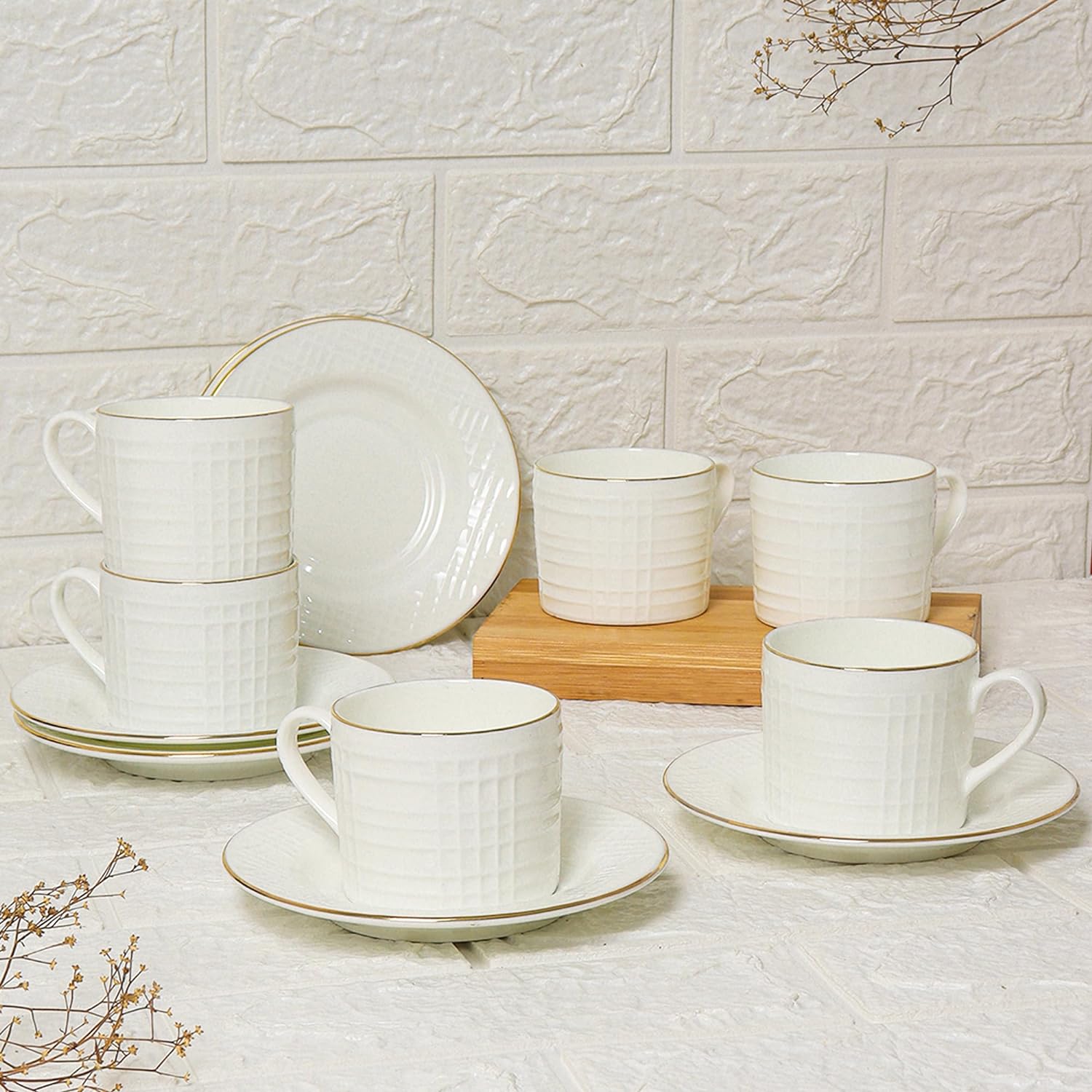 Indian Ceramic Gold Line Square Cut White Tea Cups, Mugs and Saucer-200 ml - Set of 6 (6 Cups, 6 Saucer)