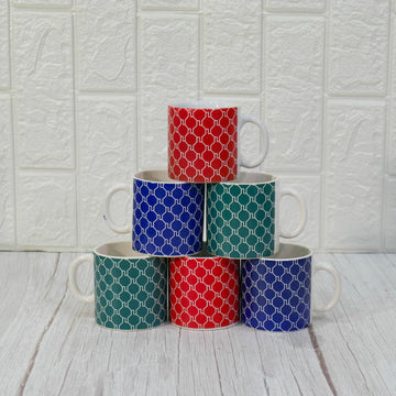 Handcrafted Geometric Design Ceramic Coffee & Tea Cup 180 ML, Set of 6, Multicolor