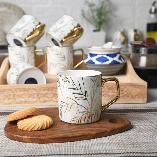 Femora Pastel Tropical Leaves Tea Mugs, Ceramic Tea Cups, Coffee Mugs (180 ml) - 6 Pcs Set (NOT Microwave Safe)