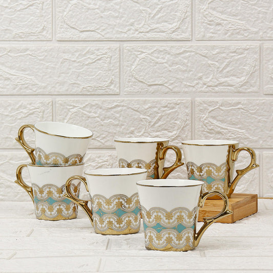 Premium Ceramic Golden Royal Turquoise Pattern Coffee & Tea Cup Set of 6, 180 ML, Femora