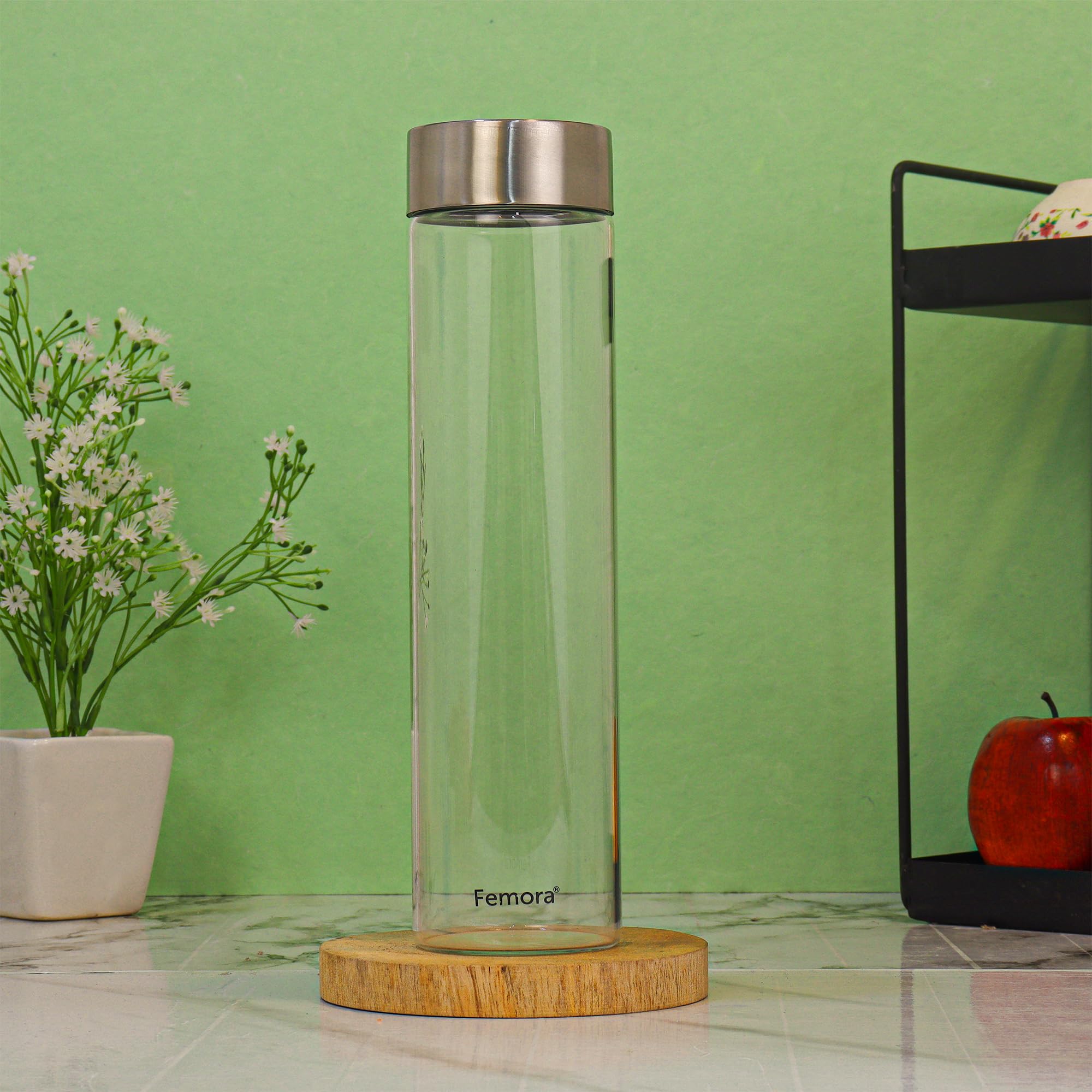 Femora Borosilicate Glass Water Bottle Durability and Elegance Combined, 1000ML(1 Pc Set) (Steel Lid)