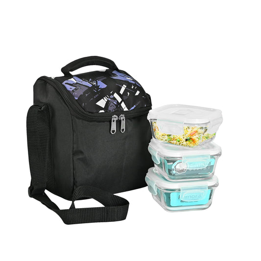 Borosilicate Glass Square Lunch Box with Black Bag, 300 ML, 3 Pcs, Femora.