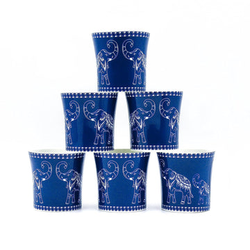 Femora Dancing Elephant Pattern Tea Cups, Ceramic Tea Cups, Coffee Mugs (160 ml) - 6 Pcs Set (Blue)