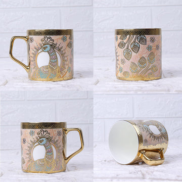 Femora Ceramic Crowned Peacock Gold Tea Mugs, Ceramic Tea Cups, Coffee Mugs (180 ml, Golden) - 6 Pcs Set