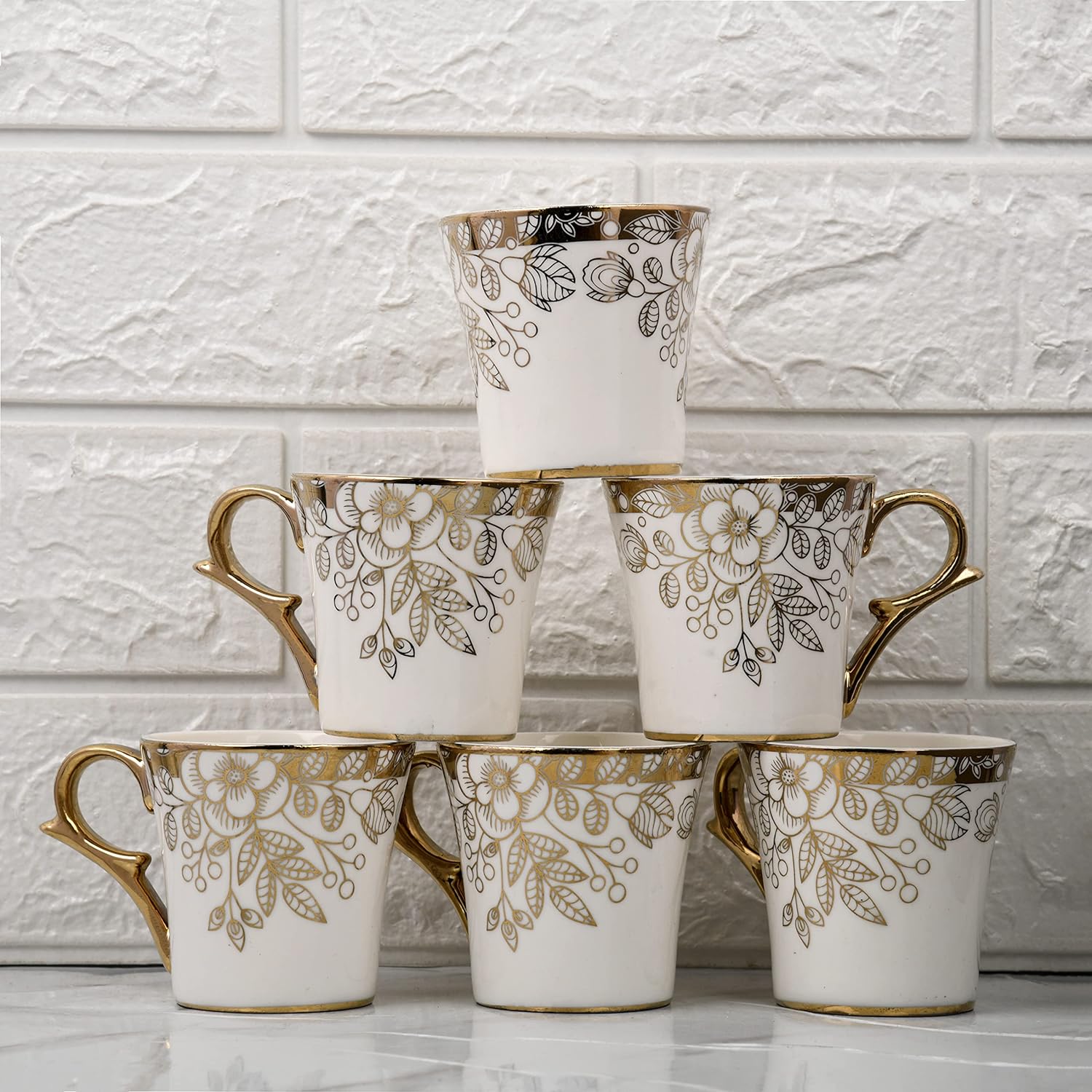 Gold Floral Buds Leaves Tea Mugs, Ceramic Tea Cups, Coffee Mugs (160 ml) - 6 Pcs Set (NOT Microwave Safe)