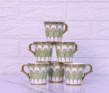 Water Drop Scale Pattern Golden Tea Mugs, Ceramic Tea Cups, Coffee Mugs (160 ml, Green) - 6 Pcs Set (NOT Microwave Safe)