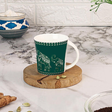 Femora Dancing Elephant Pattern Tea Cups, Ceramic Tea Cups, Coffee Mugs (160 ml) - 6 Pcs Set (Green)