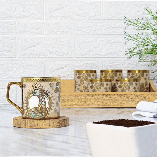 Premium Ceramic Crowned Peacock Gold Coffee & Tea Cup Set of 6, 160 ML, Femora