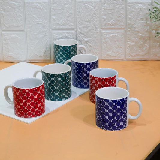 Handcrafted Geometric Design Ceramic Coffee & Tea Cup 180 ML, Set of 6, Multicolor