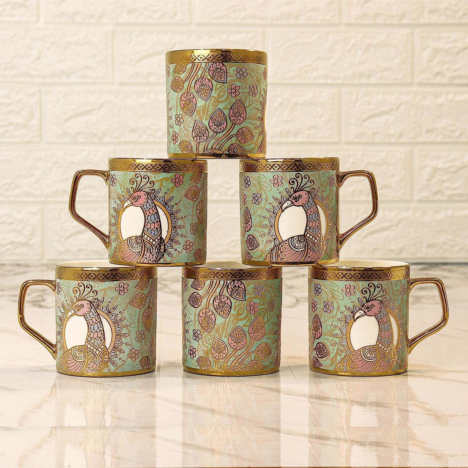 Premium Ceramic Crowned Peacock Coffee & Tea Cup Set of 6, 180 ML, Femora