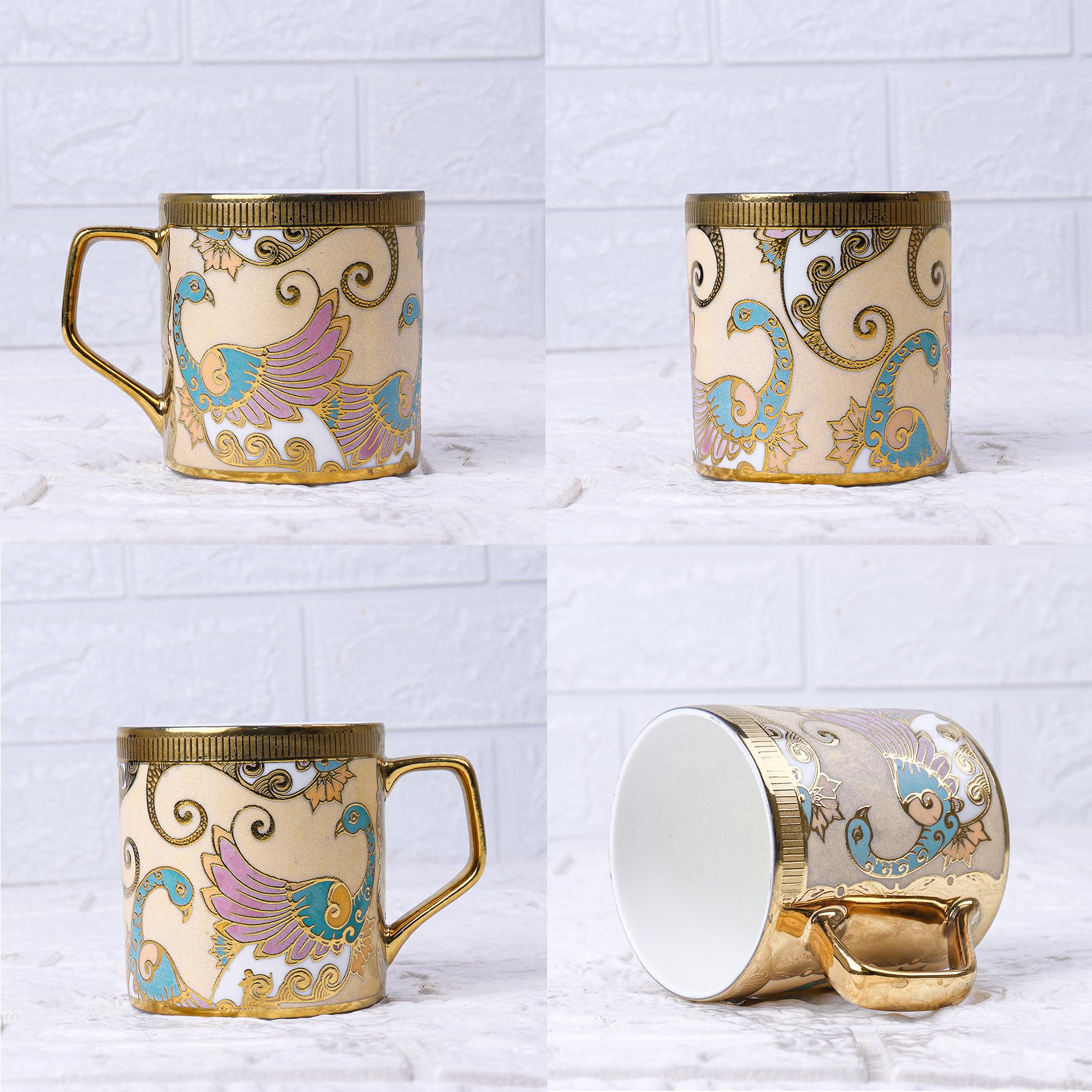 Femora Ceramic Dancing Peahens Gold Tea Mugs, Ceramic Tea Cups, Coffee Mugs (180 ml, Golden) - 6 Pcs Set