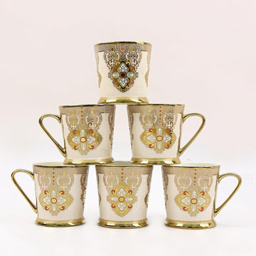 Imperial Gold Red Floral Print Tea Mugs, Ceramic Tea Cups, Coffee Mugs (180 ml, Golden) - 6 Pcs Set (NOT Microwave Safe)