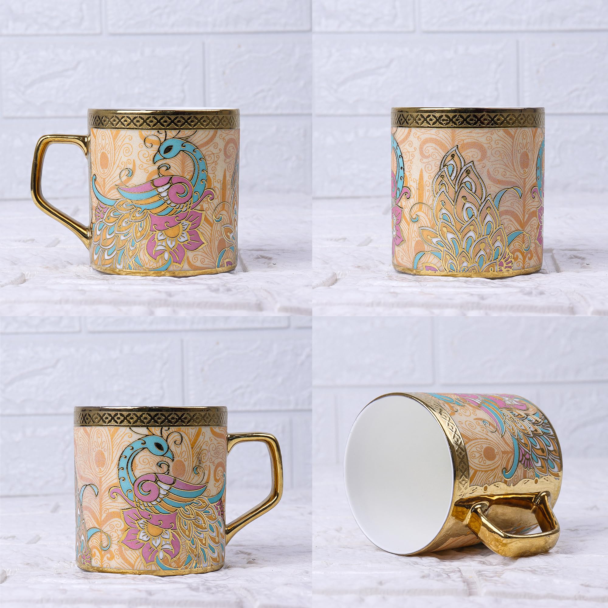 Premium Ceramic Peacock Heaven Gold Tea Cup Set of 6, 160 ML, Femora