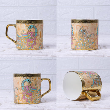 Premium Ceramic Peacock Heaven Gold Tea Cup Set of 6, 160 ML, Femora