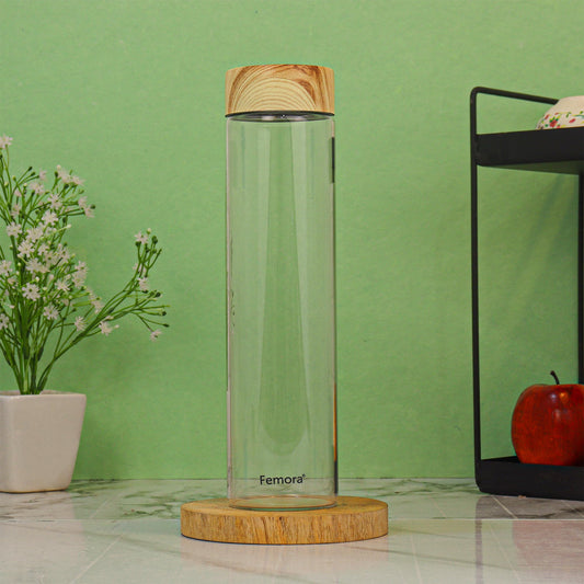 Borosilicate Glass Water Bottle With Wooden Lid, 1000 ML, 1 Pcs, Femora