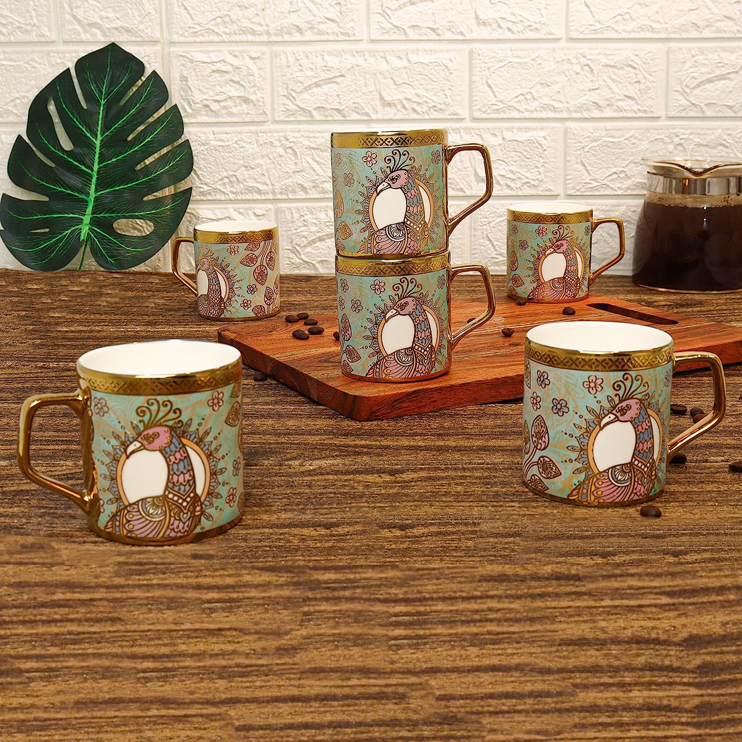 Ceramic Crowned Peacock Tea Mugs, Ceramic Tea Cups, Coffee Mugs (180 ml, Golden) - 6 Pcs Set