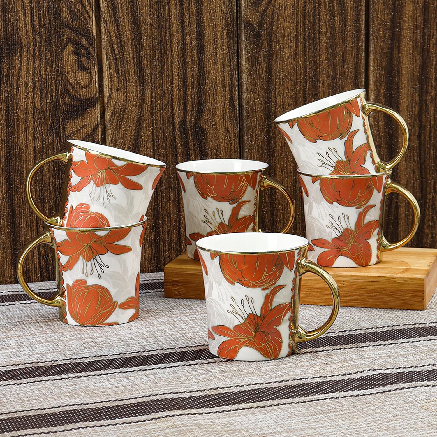 Floral Dazzle Red Tea Mugs, Ceramic Tea Cups, Coffee Mugs (180 ml, Golden) - 6 Pcs Set (NOT Microwave Safe)