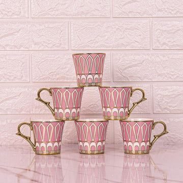 Dropped U Scale Pattern Pattern Golden Tea Mugs, Ceramic Tea Cups, Coffee Mugs (160 ml, Pink) - 6 Pcs Set (NOT Microwave Safe)