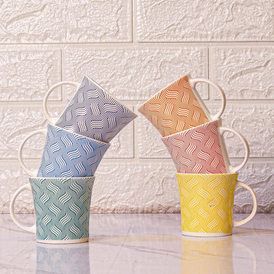 Bamboo Root Pattern Tea Cups, Ceramic Tea Cups, Coffee Mugs (160 ml) - 6 Pcs Set (Blue)