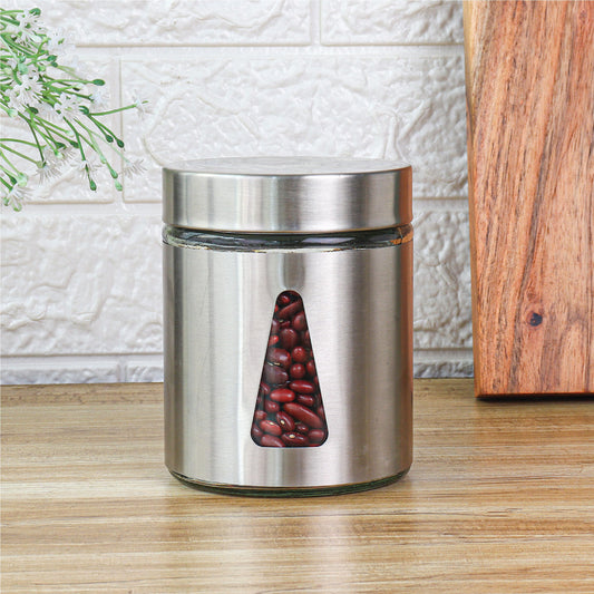 Femora Steel Jar for Kitchen Storage with Triangle Glass Window and Stainless Steel Cover, 1300 ml, 1 Unit, Free Replacement of Lids