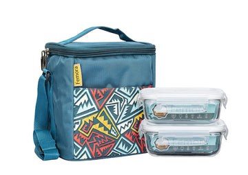 Borosilicate Glass Lunch Box Blue Canvas Bag Femora, 400 ML, 2 Pcs