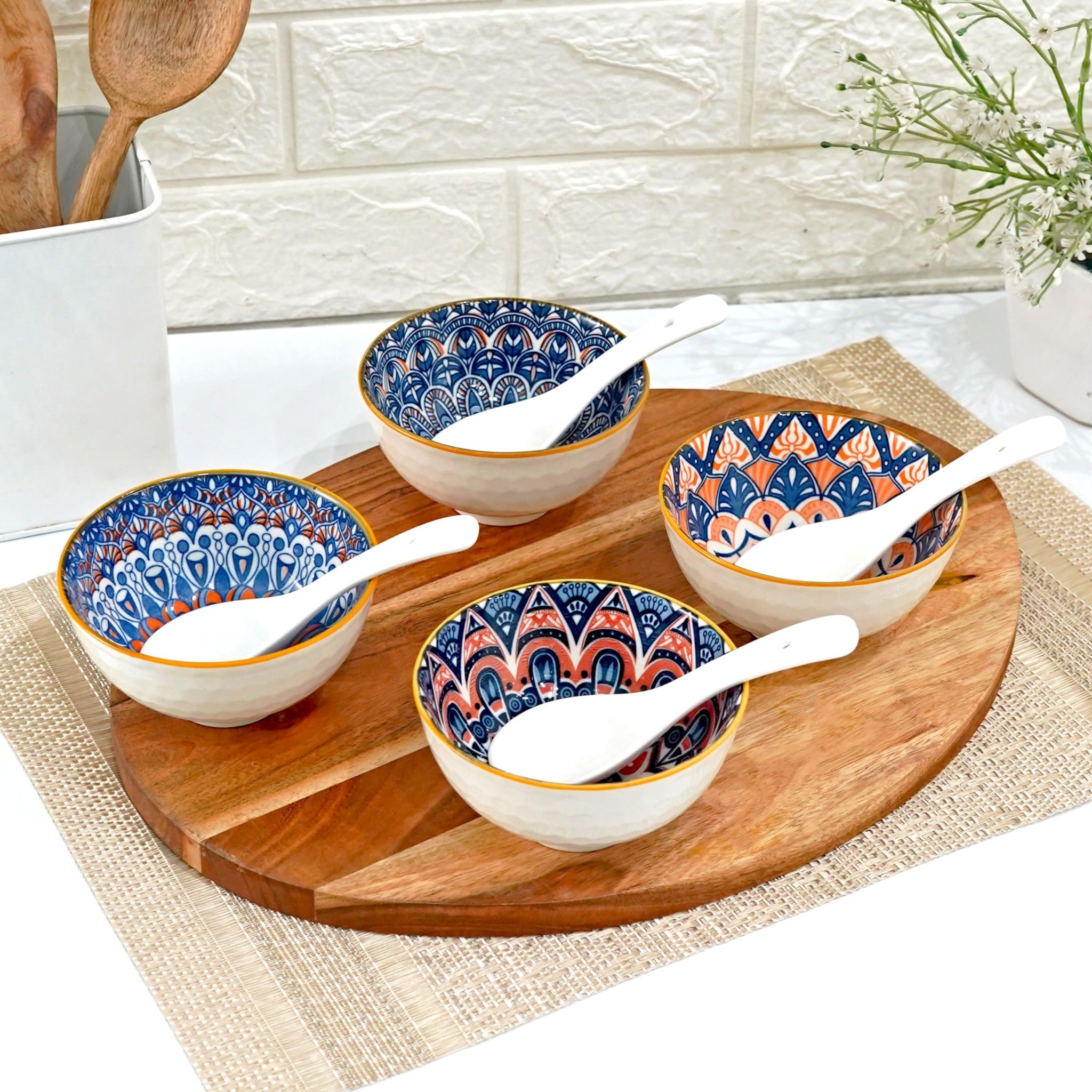Femora Porcelain Bowl Set of 4 – Microwave & Dishwasher Safe, BPA & Lead-Free Dinner Bowls for Snacks, Rice, Dal, Fruits, Salad | Elegant Serving Bowls, Gift-Pack Ideal for Gifting-Paisley Print