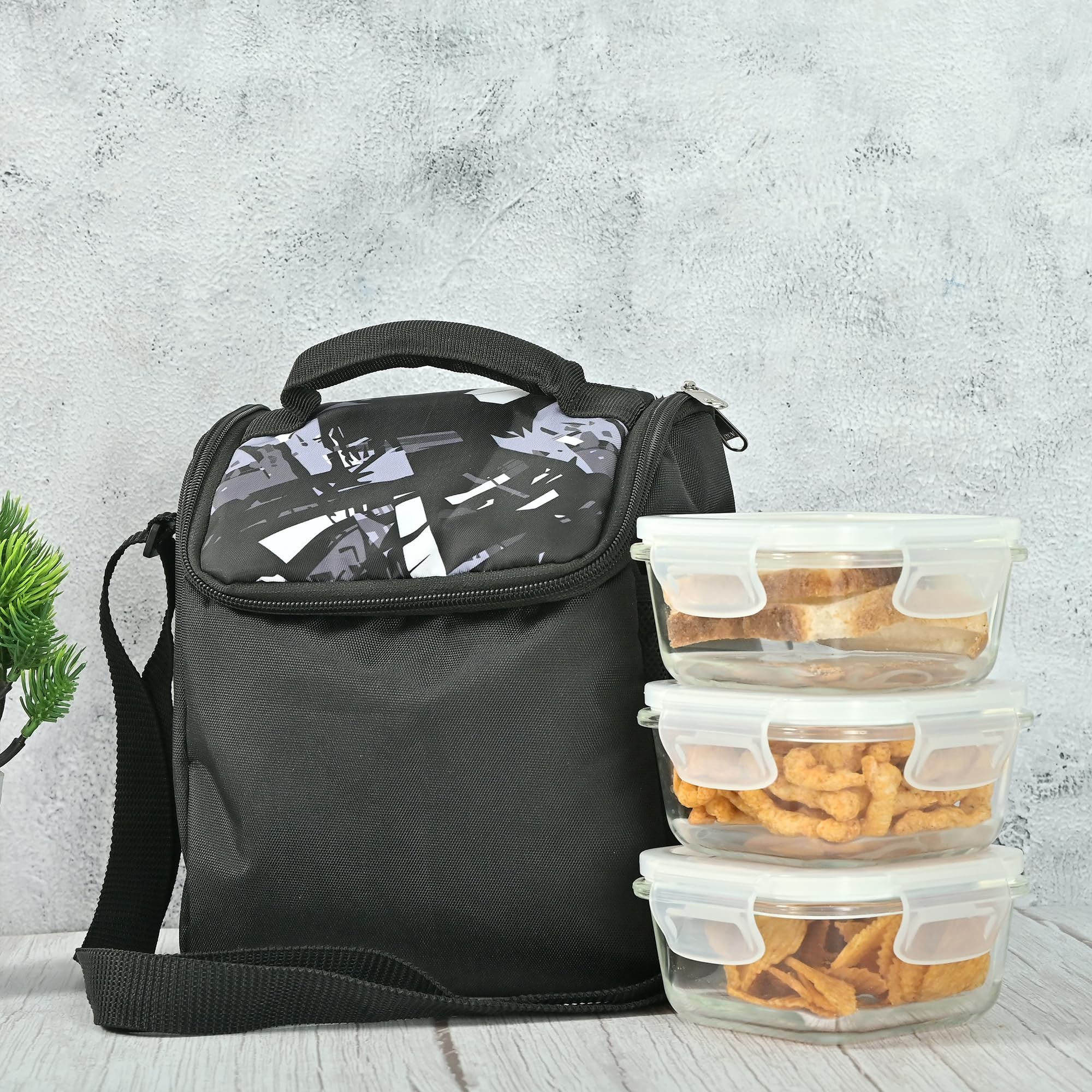 Borosilicate Glass Square Lunch Box with Black Bag, 300 ML, 3 Pcs, Femora.