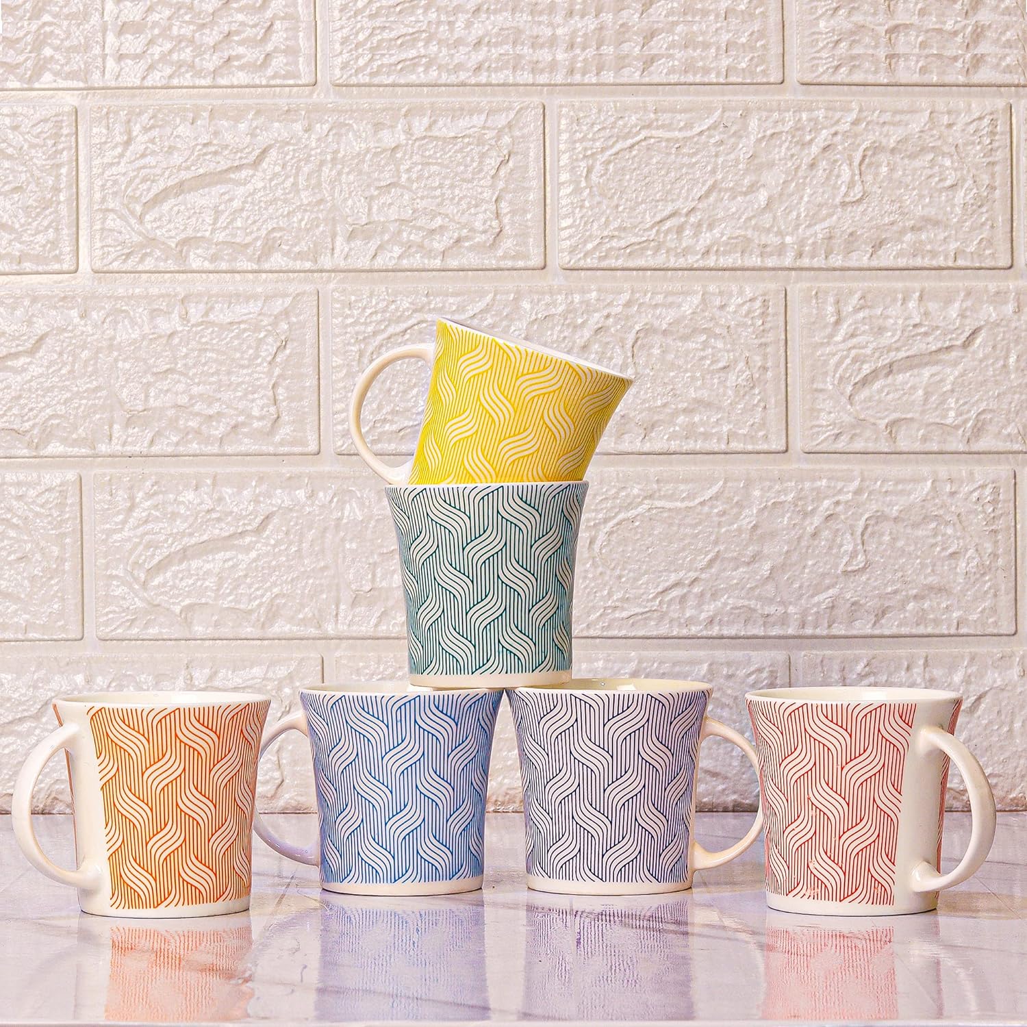 Bamboo Root Pattern Tea Cups, Ceramic Tea Cups, Coffee Mugs (160 ml) - 6 Pcs Set (Blue)